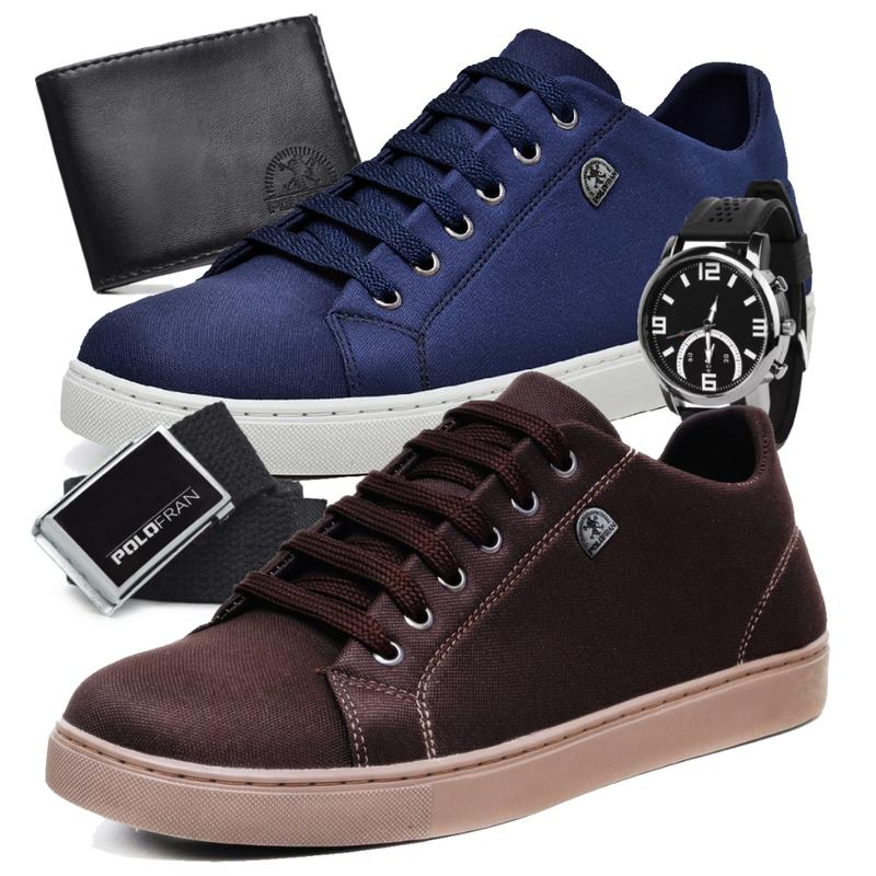 Kit 2 Tênis Masculino Sapatênis Polo Fran Básico Casual Com Carteira Cinto e Relógio London